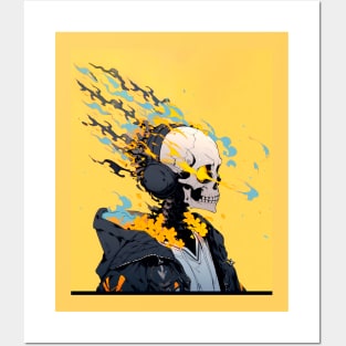 Skeleton with headphones and flames Posters and Art